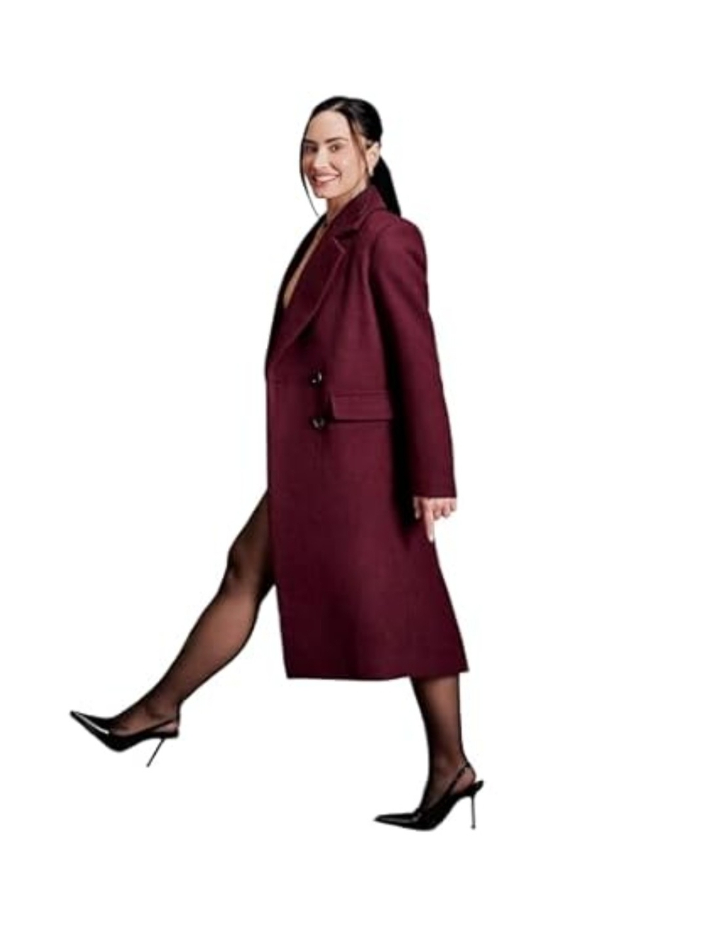 Amazon Essentials Women's Double-Breasted Long Trench Coat in Burgundy